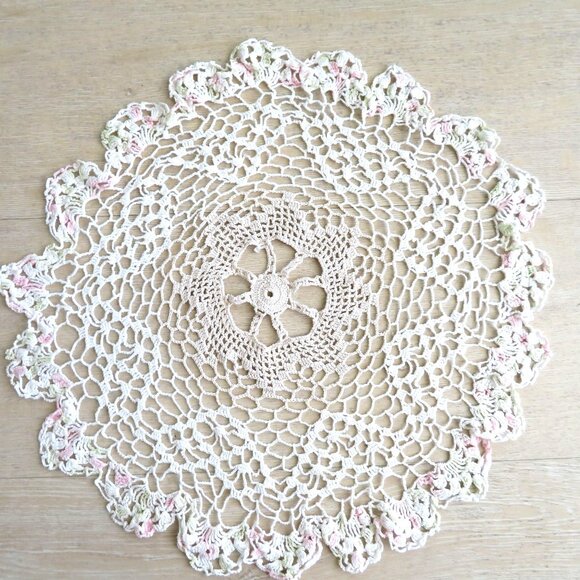 Handmade Crocheted 15 inches Round Doily with Scalloped Edges & Pastel Accents - Picture 1 of 6